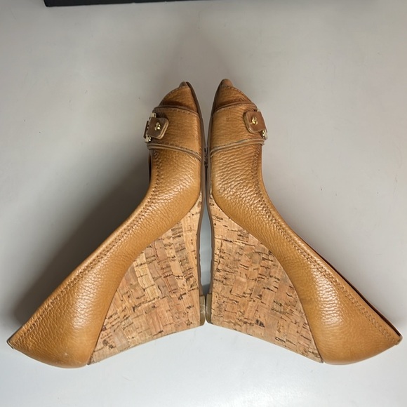 Tory Burch Carnell Royal Tan Leather Peep Toe Cork Wedge Women’s Size 10 M - Picture 9 of 15